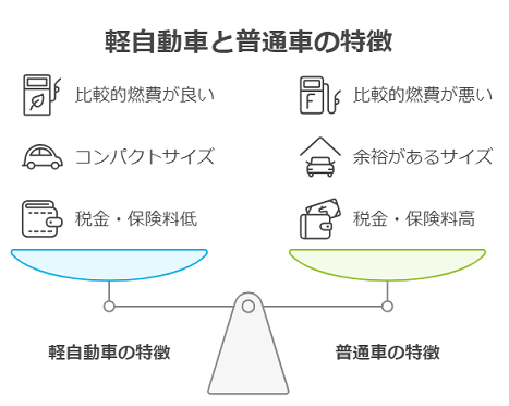 軽自動車と普通車の特徴を比較した図解